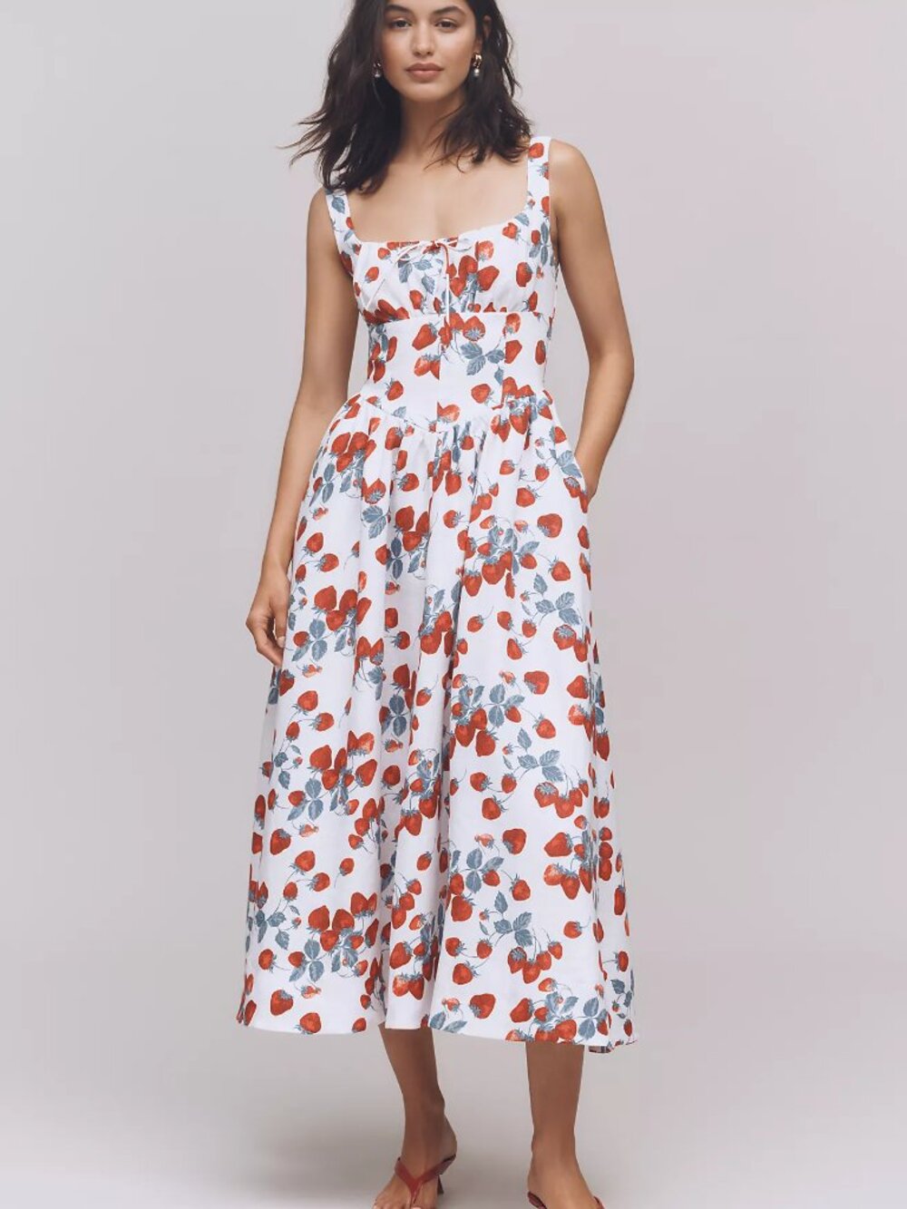 Reformation Balia Linen Basque-Waist Midi Dress in Strawberry Jam NWT